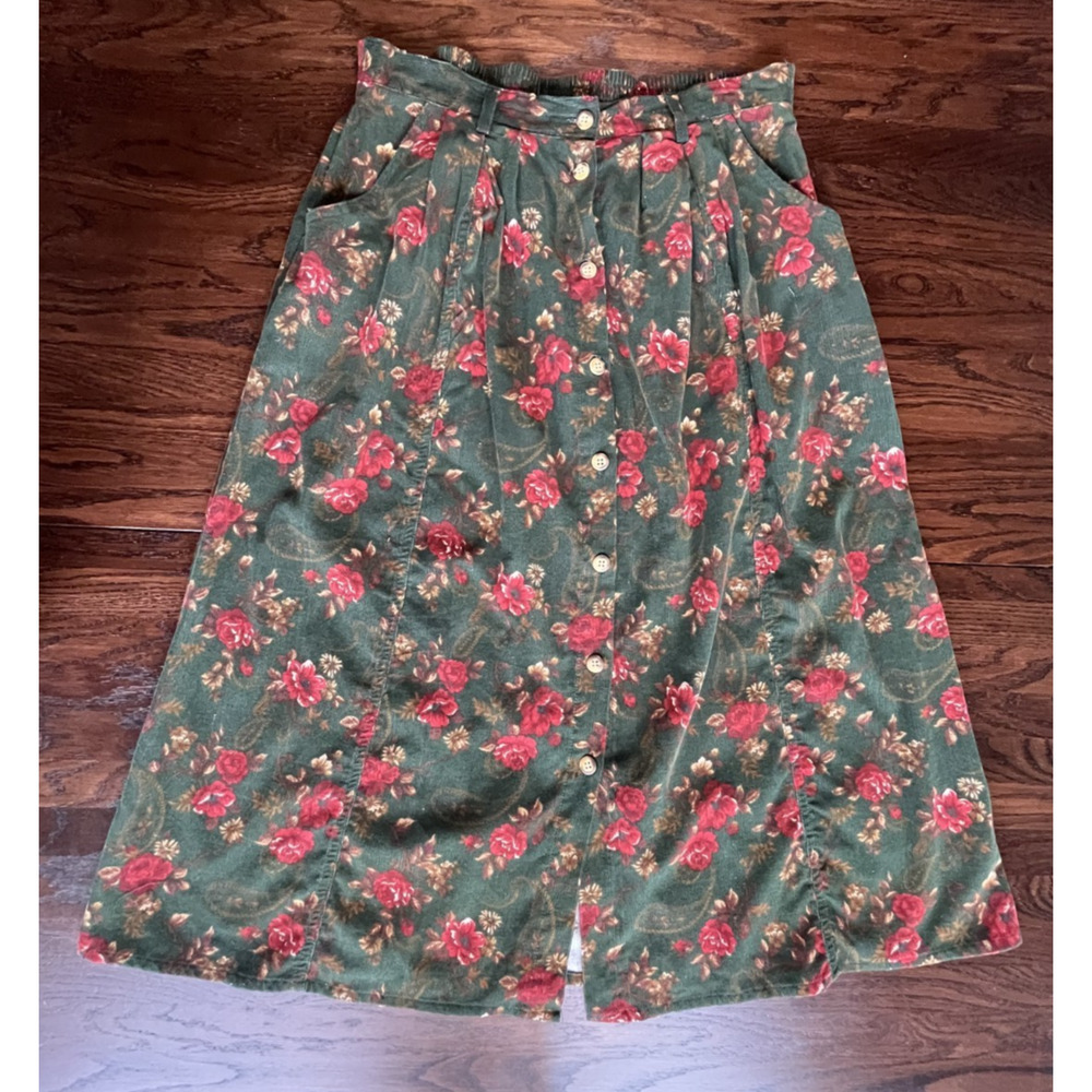 Boho 90s Corduroy Green with Red Roses Long A Line Skirt - Large size 10